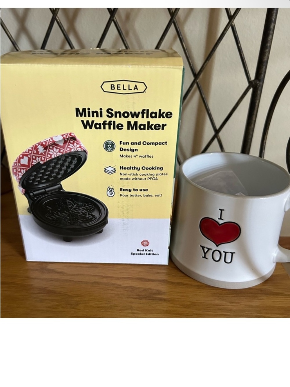 White Ceramic "I ♥ You" Mug with Red Heart & Mini Waffle Maker
